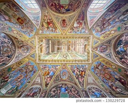 VATICAN CITY, ROME, ITALY - AUGUST 02, 2025 Breathtaking vaulted ceiling fresco in the Hall of Constantine within the Raphael Rooms in the Apostolic Palace. Dynamic, ornate paintings VATICAN CITY, ROME, ITALY - AUGUST 02, 2025 Breathtaking vaulted ceiling fresco in the Hall of Constantine within the Raphael Rooms in the Apostolic Palace. Dynamic, ornate paintings 130229728
