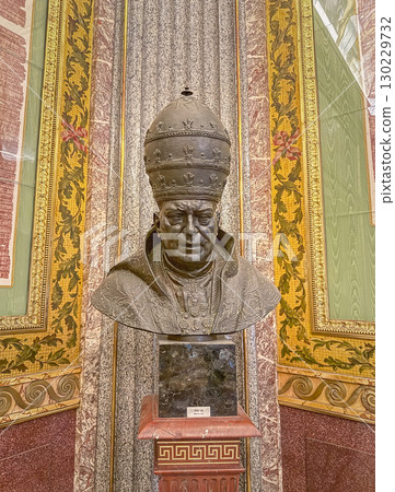 VATICAN CITY, ROME, ITALY - AUGUST 02, 2025 Pio XI opera di A. Silva as a solemn bronze bust of one of the most important modern pontiffs, wearing an ornate papal tiara VATICAN CITY, ROME, ITALY - AUGUST 02, 2025 Pio XI opera di A. Silva as a solemn bronze bust of one of the most important modern pontiffs, wearing an ornate papal tiara 130229732