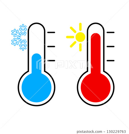 Thermometer icon or temperature symbol for heat and cold, vector and illustration. 130229763