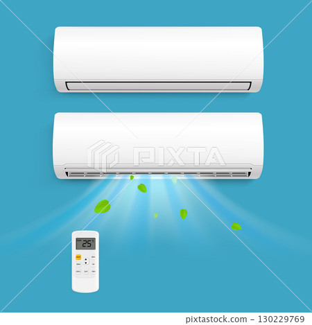 Mint Breeze and Technician Near Air Conditioner on Blue Background. 130229769