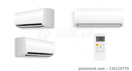 Realistic Set of Air Conditioners in Various Projections with Remote Control and Shadows on a White Background. 130229770