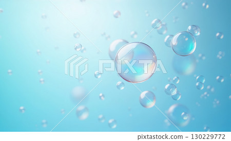 Beautiful moisturizing image with transparent bubbles floating on a blue background 130229772
