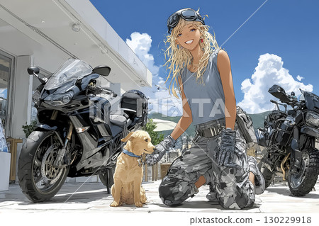 Illustration material of a female rider touring with her dog Illustration material of a female rider touring with her dog 130229918