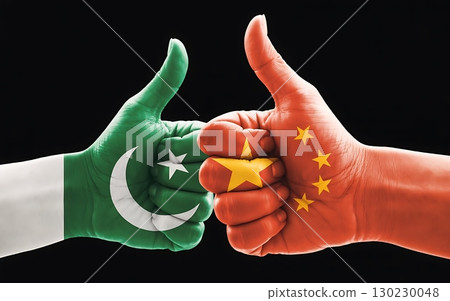 Pakistan China Flags on Thumbs Up Gesture Depict Bilateral Trust and Political Cooperation in Regional Context 130230048