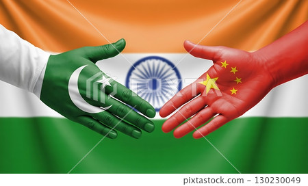 Pakistan China Handshake Against Indian Flag Symbolizes Strategic Diplomacy and Regional Power Balance 130230049