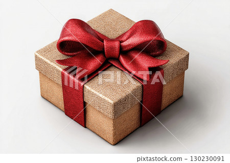 Christmas decor. Luxury present. Classic Gift Box with Red bow on white background. Traditional gift box. 130230091
