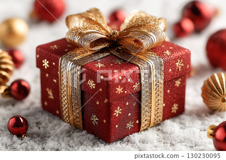 Luxury present. Beautiful gift. Classic Red Gift Box with Gold bow on white background. Christmas decor. 130230095