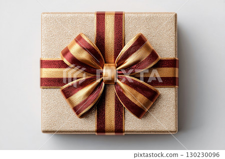 Premium gift. Festive season. Classic Gift Box with Red bow on white background. Traditional gift box. 130230096