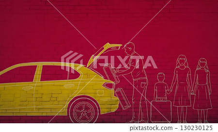 Father loading luggage into car trunk with children standing nearby drawing 130230125