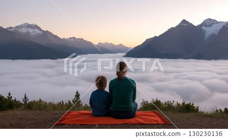 Mother and child sit on blanket overlooking a valley filled with clouds Mother and child sit on blanket overlooking a valley filled with clouds 130230136