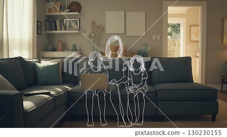 Mother and two children sitting on couch using laptop shown in simple family line art illustration 130230155