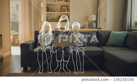 What family life looks like as mother and children sit together with laptop on sofa in minimal line art drawing 130230156