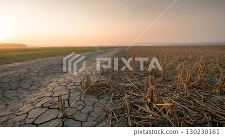 Barren landscape of dried cracked earth and harvested field under a dramatic hazy orange sunset sky 130230161