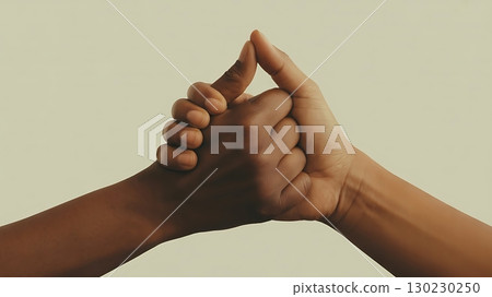 Two hands interlaced together forming a peak against a neutral background 130230250