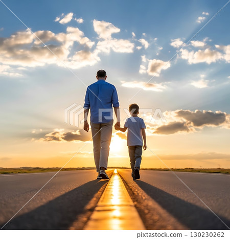 Scenic golden sunset walk of dad with child on rural road showing family bond and fatherhood appreciation 130230262