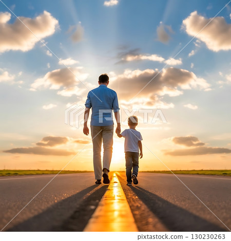 Sunset walk of dad and child showing love and Fathers Day spirit 130230263
