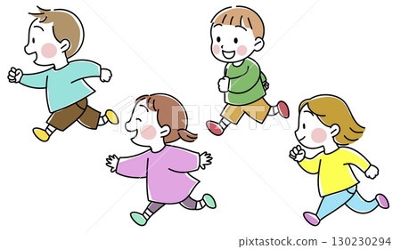 Children running happily, sideways, boys and girls Children running happily, sideways, boys and girls 130230294