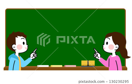 Children pointing at the blackboard, boys and girls, copy space 130230295
