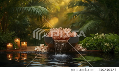 Tropical spa composition with coral and soft candlelight 130230321