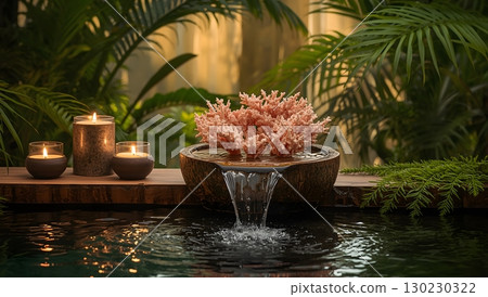 Tropical spa composition with coral and soft candlelight 130230322