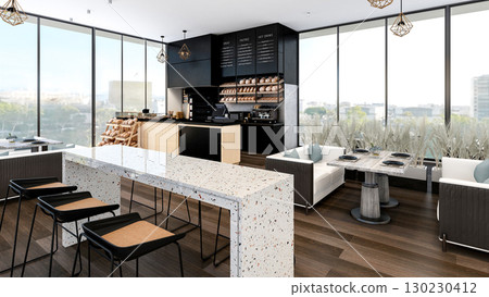 Modern Bakery Shop and Caf Interior with Bread Display and Coffee Counter, 3d Rendering 130230412