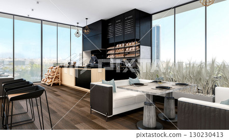 Modern Bakery Shop and Caf Interior with Bread Display and Coffee Counter, 3d Rendering 130230413