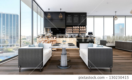 Modern Bakery Shop and Caf Interior with Bread Display and Coffee Counter, 3d Rendering 130230415