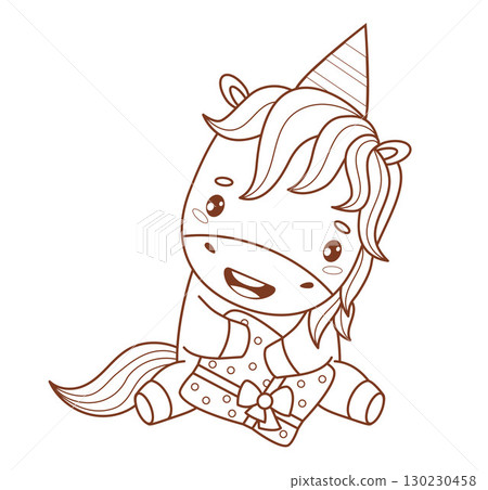 Outline Happy cute Little Horse in Birthday Cap with Gift. Funny Holiday kawaii Pony animal. Line drawing, coloring book. Vector illustration. Symbol 2026 year to Eastern calendar. Not AI Outline Happy cute Little Horse in Birthday Cap with Gift. Funny Holiday kawaii Pony animal. Line drawing, coloring book. Vector illustration. Symbol 2026 year to Eastern calendar. Not AI 130230458