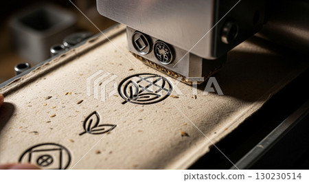 A worker uses a machine to imprint eco-friendly designs on biodegradable packaging made from recycled paper and seeds. This activity highlights sustainable practices in packaging production. A worker uses a machine to imprint eco-friendly designs on biodegradable packaging made from recycled paper and seeds. This activity highlights sustainable practices in packaging production. 130230514