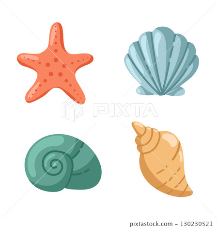 Set of yellow, green, turquoise different seashells and red starfish. Vector illustrations on a white background. Set of yellow, green, turquoise different seashells and red starfish. Vector illustrations on a white background. 130230521