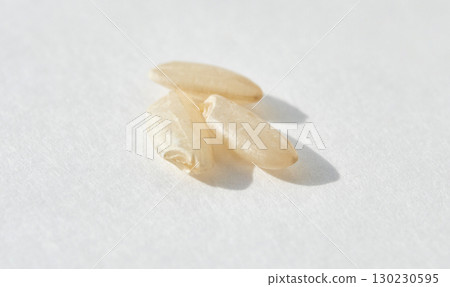 Macro shot of three uncooked white rice grains on light background with minimal 130230595