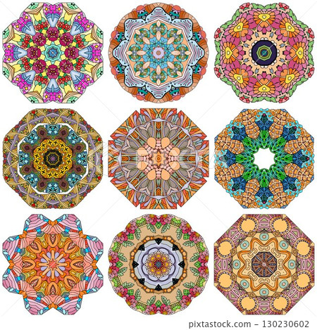 Set of colorful cute Mandalas. Decorative unusual round ornaments. 130230602