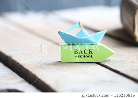 Paper boat and Back to School tag. Paper boat and Back to School tag. 130230639