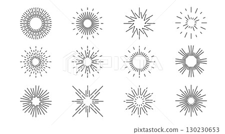 Set of black and white sunburst icons collection of vintage sunbeams or starbursts retro comic book explosive graphic element simple clean lines 130230653