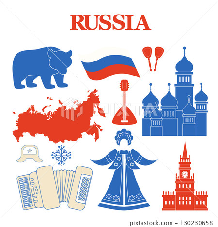 Collection of colorful icons representing Russia including bear map of the country balalaika accordion traditional clothing vector set captures the key cultural and national symbols illustration 130230658