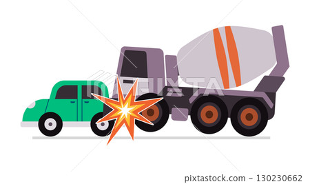 cartoon style illustration of a collision between green car and large cement mixer truck highlights impact this graphic is suitable for illustrating traffic accidents road safety heavy vehicle cartoon style illustration of a collision between green car and large cement mixer truck highlights impact this graphic is suitable for illustrating traffic accidents road safety heavy vehicle 130230662