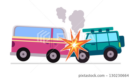 illustration of a head on collision between a van and SUV with smoke rising from vehicles accident for use traffic related infographics illustration of a head on collision between a van and SUV with smoke rising from vehicles accident for use traffic related infographics 130230664
