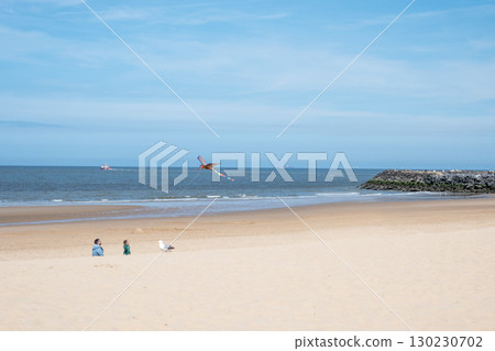 Father and son holding kite in hands on the beach. Together spend holiday, travel or vacation time in summer. Kid play on the sand by ocean or sea. 130230702