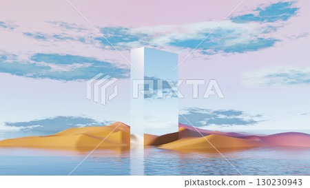 3d render, tall reflective monolith in surreal pastel desert landscape with water 3d render, tall reflective monolith in surreal pastel desert landscape with water 130230943