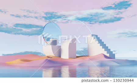 3d render, futuristic mirror arc with geometric structures in pastel desert landscape 3d render, futuristic mirror arc with geometric structures in pastel desert landscape 130230944
