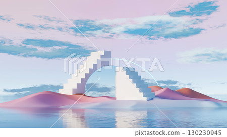 3d render, surreal landscape with geometric arch stairs over pastel mountains and reflective water 130230945