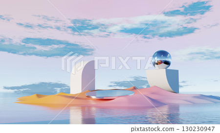 3d render, surreal landscape with reflective sphere and abstract structures on pastel desert 3d render, surreal landscape with reflective sphere and abstract structures on pastel desert 130230947