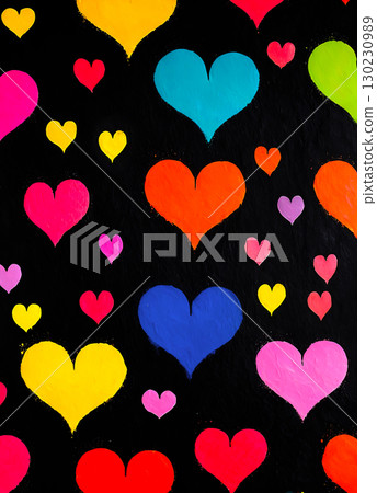 Black background with abstract colorful hearts 130230989