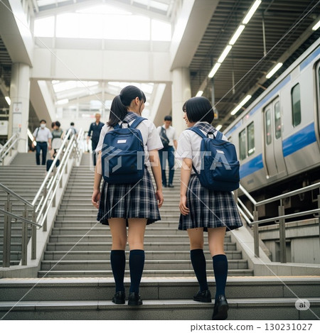 High school girl climbing the stairs at the station High school girl climbing the stairs at the station 130231027