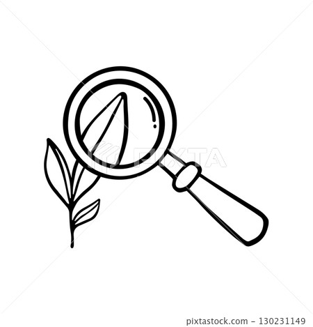Magnifying Glass With Leaf Outline Doodle Sketch. Hand drawn magnifier optical tool with part of plant. Biological or botanical research concept. Science, Biology equipment 130231149