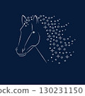 Symbol of Chinese New Year 2026. Lunar calendar animal, horse zodiac sign. Horse with a mane of snowflakes on dark blue background. Greeting card design 130231150