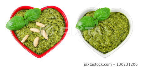 Pesto sauce in ceramic bowl isolated on white background. Top view. Flat lay. Pesto sauce in ceramic bowl isolated on white background. Top view. Flat lay. 130231206