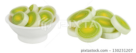 sliced Leek vegetable in ceramic bowl isolated on white background with full depth of field 130231207