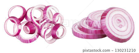 Red onion slices isolated on a white background. Top view. Flat lay 130231210