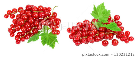 Red currant berries isolated on white background. Top view. Flat lay 130231212
